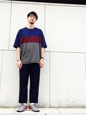 「BEAUTY&YOUTH UNITED ARROWS（ビューティーアンドユースユナイテッドアローズ）のアイテム（Tシャツ/カットソー、ブルー系）」を使った、Shirou Takemotoさん（メンズ・171cm）の夏コーディネート
