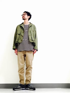 「BEAUTY&YOUTH UNITED ARROWS（ビューティーアンドユースユナイテッドアローズ）のBY パネルクレイジー ボーダー カットソー（Tシャツ/カットソー、ベージュ系）」を使った、Shirou Takemotoさん（メンズ・171cm）の秋コーディネート