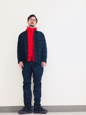 「PENDLETON（ペンドルトン）のアイテム（シャツ/ブラウス、グリーン系）」を使った、Shirou Takemotoさん（メンズ・171cm）の冬コーディネート