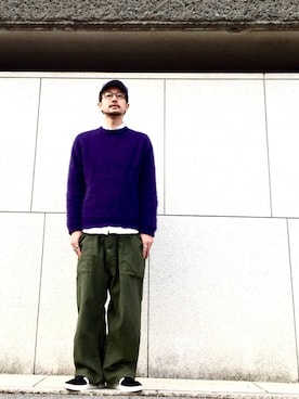 「BEAUTY&YOUTH UNITED ARROWS（ビューティーアンドユースユナイテッドアローズ）のBY ヘアリー フォルム セーター（ニット/セーター、パープル系）」を使った、Shirou Takemotoさん（メンズ・171cm）の冬コーディネート