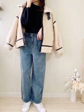 「ケーブルニット」｜「アイテム（ムートンコート）」を使った、ももたさん（レディース・170cm）の冬コーディネート
