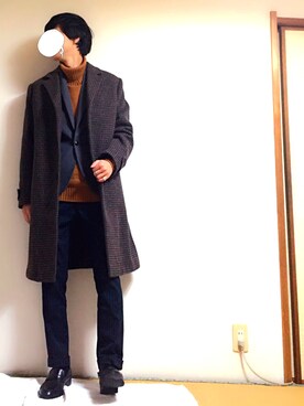 「柄物」｜「アイテム（チェスターコート）」を使った、tebaさん（メンズ・166cm）の冬コーディネート