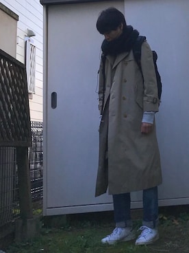 「スヌード」｜「アイテム（トレンチコート）」を使った、tebaさん（メンズ・166cm）の冬コーディネート