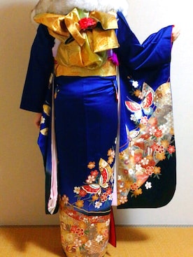 「振袖のアイテム（浴衣、ブルー系）」を使った、kaoriさん（レディース・159cm）の冬コーディネート