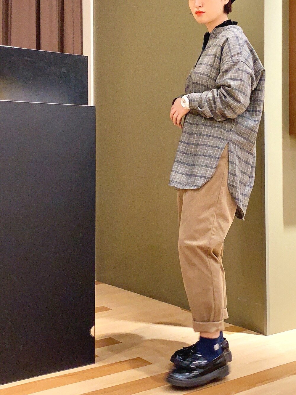 「年末WEAR感謝祭、秋冬コーデ、プチプラコーデ、カジュアル」｜「Green　Parksのネルチェックチュニック（チュニック、ブラック系）」を使った、ぴよさん（レディース・155cm）の冬コーディネートの1枚目の写真