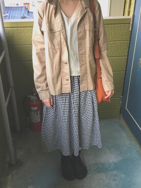 「niko and...（ニコアンド）のCダンプミリジャケット【niko and...】（ミリタリージャケット、ベージュ系）」を使った、sayuさん（レディース・156cm）の春コーディネート