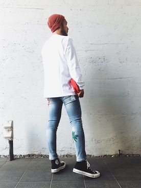 「アイテム（ニットキャップ/ビーニー、レッド系）」を使った、Yoshinori.Uさん（メンズ・172cm）の秋コーディネート