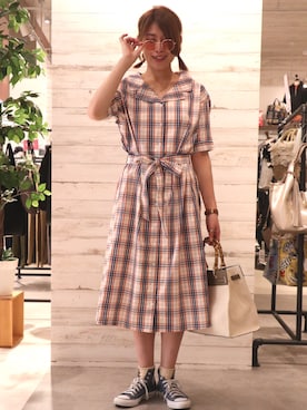 「HVC（エイチブイシー）のアイテム（シャツワンピース）」を使った、GRAND GLOBAL松本店さん（レディース・165cm）の夏コーディネート
