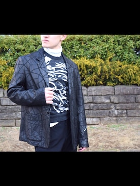 「ネイビー×ホワイト」｜「アイテム（ライダースジャケット）」を使った、PdC Official☑️さん（メンズ・168cm）の冬コーディネート