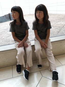 「CIAOPANIC TYPY（チャオパニックティピー）の【ママとおそろい】サーマルスリットパンツ（その他パンツ）」を使った、Ⓜ︎oⓂ︎eⓂ︎a¨̮♡さん（キッズ・120cm）の秋コーディネート