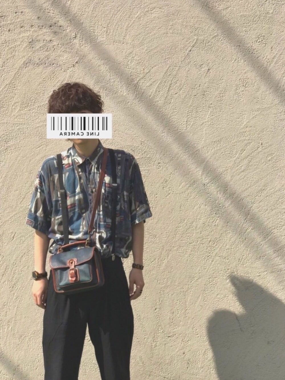 「休日スタイル、ootd、H&M、Polo Ralph Lauren、ショルダーバッグ、スラックス、柄シャツ、古着、used、サスペンダー」｜「usedのアイテム（シャツ/ブラウス、ブルー系）」を使った、しょさん（メンズ・169cm）の春コーディネートの1枚目の写真