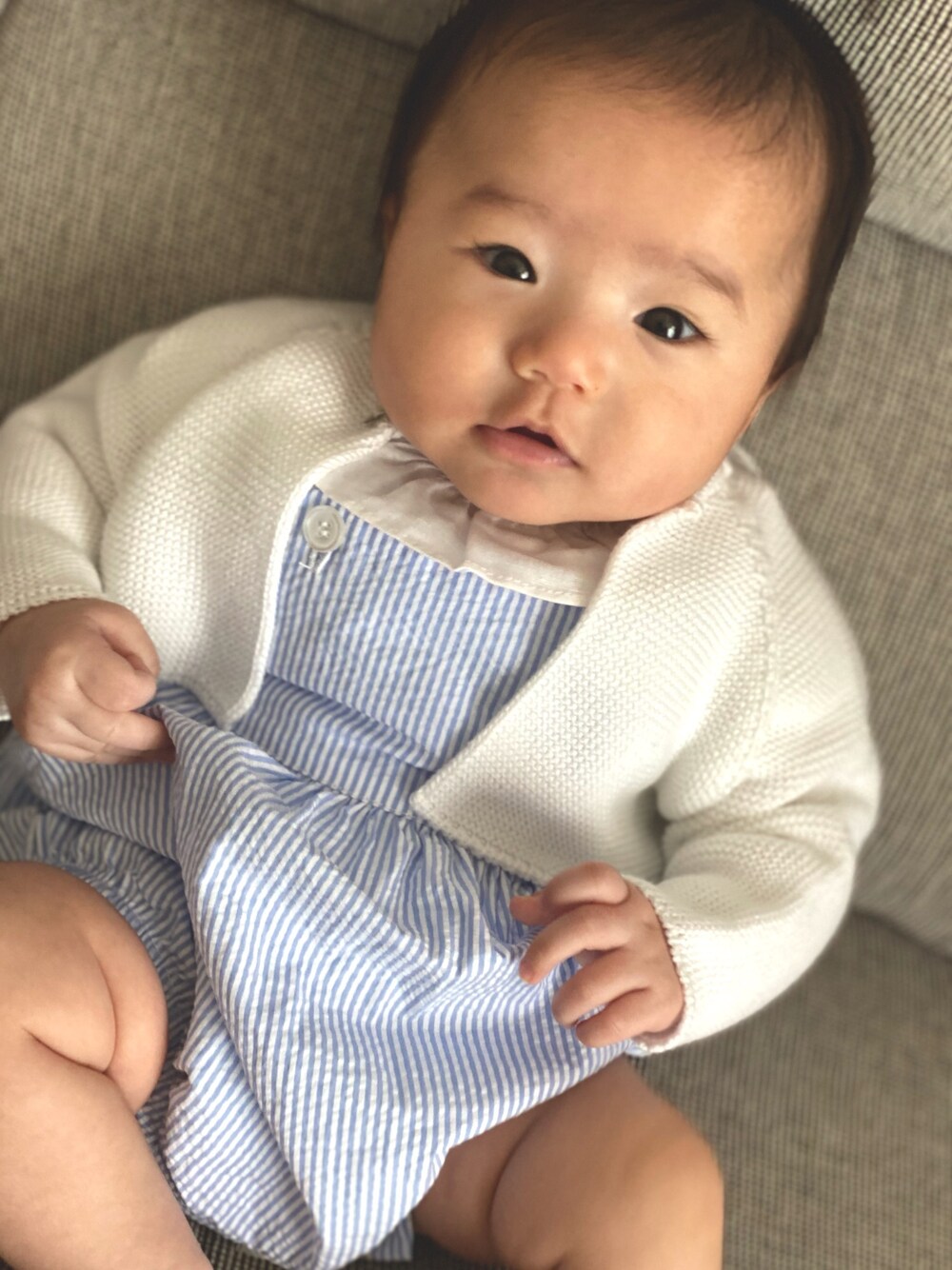 「赤ちゃんコーデ、輸入子供服」｜「m&h(輸入子供服)のアイテム（ロンパース、ブルー系）」を使った、fuyu0121さん（キッズ・60cm）の春コーディネートの1枚目の写真