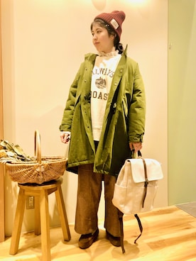 「Samansa Mos2 blue（サマンサモスモスブルー）のアイテム（ニットキャップ/ビーニー）」を使った、maiさん（レディース・161cm）の冬コーディネート