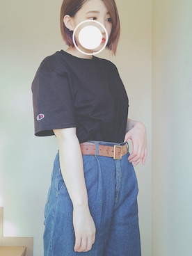 「Champion（チャンピオン）のChampion Authentic T-SHIRTS/ チャンピオン コットン Tシャツ(1/2スリーブ)（Tシャツ/カットソー、ブラック系）」を使った、mikuさん（レディース・160cm）の夏コーディネート