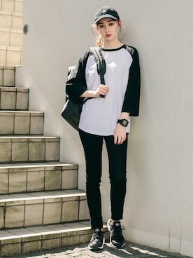 コットンラグランスリーブ 7分袖カットソー クルーネック 7分袖tシャツ ラグランを使ったレディース人気ファッションコーディネート Wear