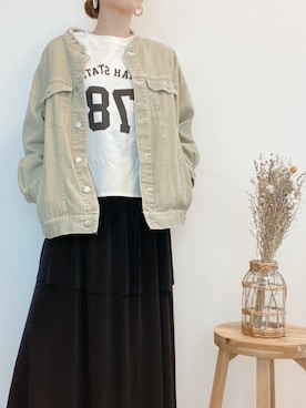 「アイテム（デニムジャケット、グリーン系）」を使った、ykringoさん（レディース・160cm）の春コーディネート