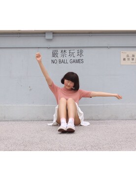 「UNIQLO（ユニクロ）のリブハイネックT（5分袖）（T Shirts、ピンク系）」を使った、everYukiiiii さん（レディース・168cm）の春コーディネート
