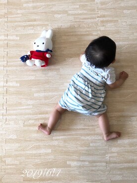 「PETIT BATEAU（プチバトー）のアイテム（オールインワン・サロペット）」を使った、⭐︎うみちゃん⭐︎さん（キッズ・70cm）の夏コーディネート