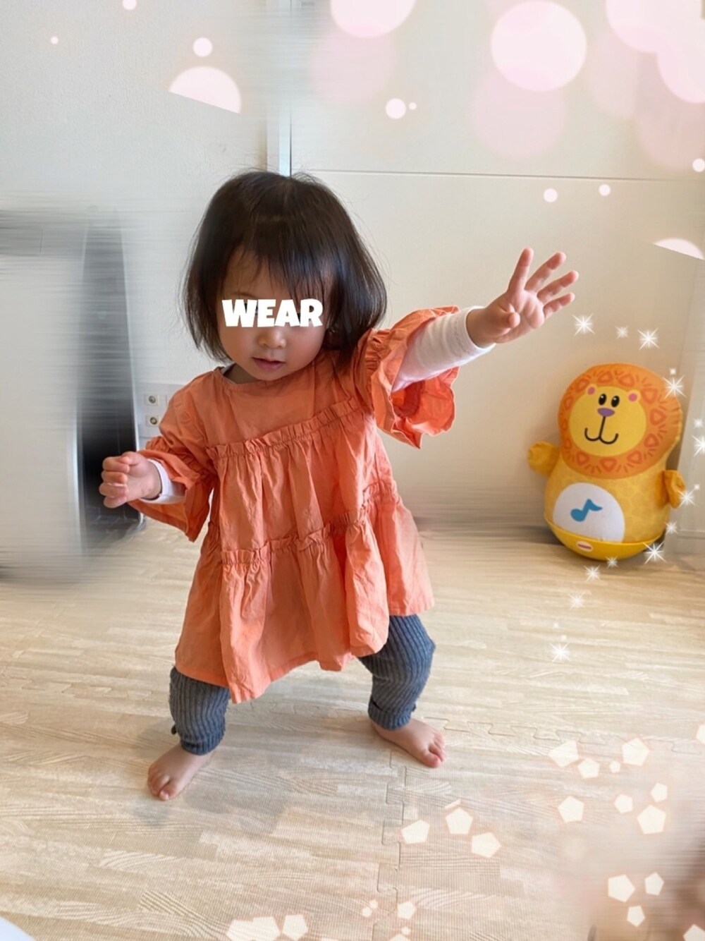 「ブランシェス、ZARA KIDS、キッズファッション、1歳、女の子、おしゃれさんと繋がりたい、女の子コーデ」｜「BRANSHESのアイテム（チュニック、オレンジ系）」を使った、⭐︎うみちゃん⭐︎さん（キッズ・80cm）の春コーディネートの1枚目の写真