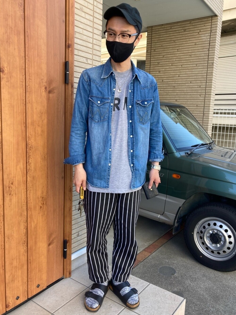 「ダンガリーシャツ、army、ソックス×サンダル」｜「newhattanのNEWHATTAN/ニューハッタン/《WEB限定》Baseball LowCap（キャップ、ブラック系）」を使った、junodart【official】さん（メンズ・168cm）の春コーディネートの1枚目の写真