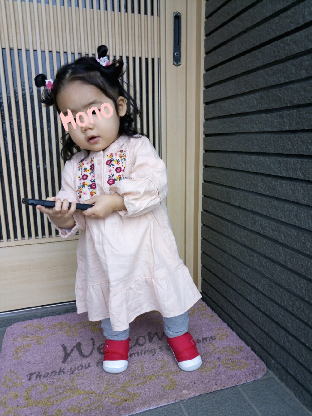 「シンプルコーデ、Branshes、ワンピース、1歳2カ月、おんなのこ、kids、おだんごヘアー」｜「BRANSHESの刺繍入り長袖ワンピース（ワンピース、ピンク系）」を使った、Honoさん（キッズ・80cm）の春コーディネートの1枚目の写真