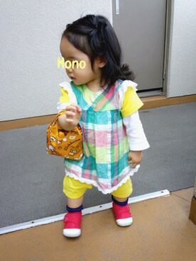 「Moujonjon（ムージョンジョン）のアイテム（ママ＆ベビー）」を使った、Honoさん（キッズ・80cm）の春コーディネート