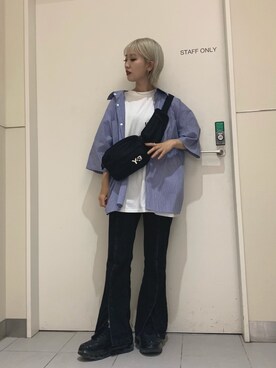 「DANKE SCHON（ダンケシェーン）のDankeSchone/ダンケシェーン/Stripe Albert S/S SHIRTS(ショートスリーブシャツ)（シャツ/ブラウス）」を使った、yukaiwamotoさん（レディース・161cm）の夏コーディネート