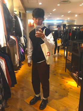 「GU（ジーユー）のアイテム（其他裤装、ブラウン系）」を使った、なおやんさん（メンズ・171cm）の秋コーディネート