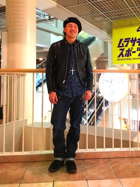 「バンダナ」｜「アイテム（ライダースジャケット）」を使った、Yさん（メンズ・178cm）の冬コーディネート