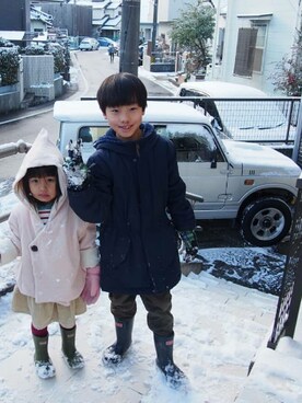 「Handmade（ハンドメイド）のアイテム（ダウンジャケット/コート）」を使った、り  かさん（キッズ・90cm）の冬コーディネート