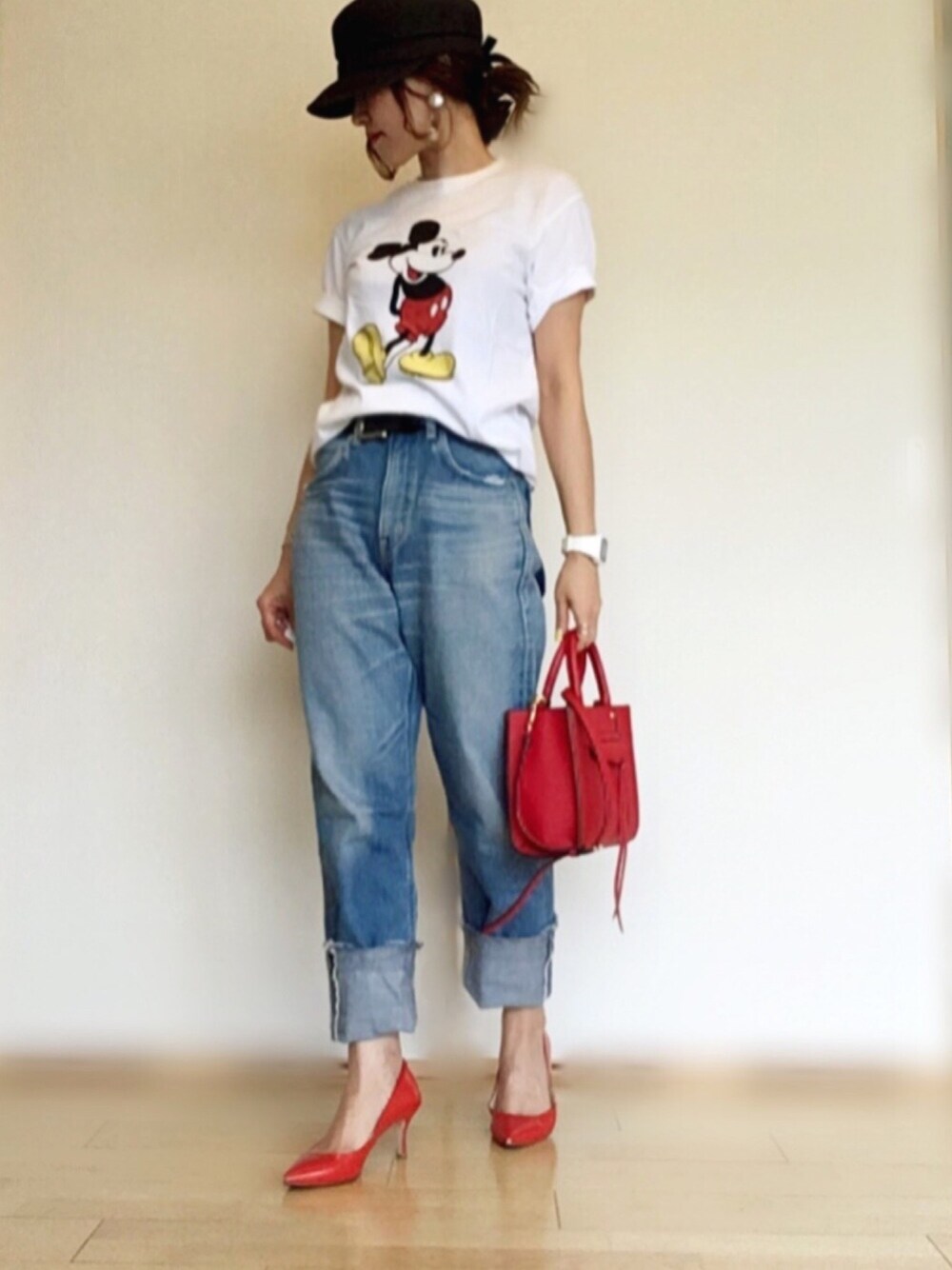 「Tシャツフェス、Tシャツ×デニム、夏コーデ、オトナカジュアル、UNIQLO、ミッキーT、ドラフトリー、繋」｜「Tシャツフェスのアイテム（Tシャツ/カットソー、ホワイト系）」を使った、U.さん（レディース・152cm）の夏コーディネートの1枚目の写真