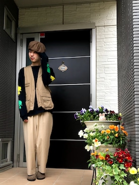 「スリッパ」｜「アイテム（ハンチング/ベレー帽）」を使った、ぼーりーさん（メンズ・178cm）の春コーディネート