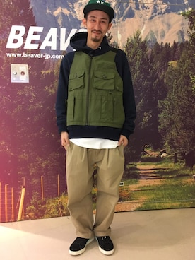 「MANASTASH（マナスタッシュ）のアイテム（ベスト）」を使った、Junpei  Fukadaさん（メンズ・170cm）の冬コーディネート