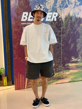 「WILD THINGS（ワイルドシングス）のWILD THINGS × Kentaro Okawara × BEAVER ワイルドシングス × 大河原 健太郎 × ビーバー　BUCKET HAT バケットハット（ハット）」を使った、Junpei  Fukadaさん（メンズ・170cm）の夏コーディネート