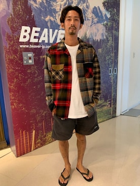 「MANASTASH（マナスタッシュ）のMANASTASH/マナスタッシュ　HEMP SHORTS for BEAVER ヘンプショーツフォービーバー（その他パンツ）」を使った、Junpei  Fukadaさん（メンズ・170cm）の夏コーディネート