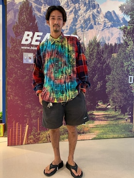 「MANASTASH（マナスタッシュ）のMANASTASH/マナスタッシュ　HEMP SHORTS for BEAVER ヘンプショーツフォービーバー（その他パンツ）」を使った、Junpei  Fukadaさん（メンズ・170cm）の夏コーディネート