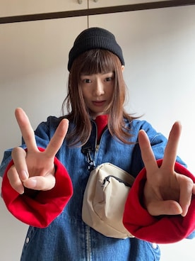 「ニットキャップ」｜「アイテム（デニムジャケット）」を使った、鈴石 風さん（レディース・156cm）の秋コーディネート
