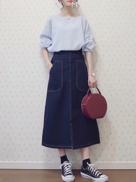 MAYUKOさんの「フロントポケットデザイン デニムロングスカート」を使ったコーディネート