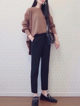 「select MOCA（セレクトモカ）の柔らかく履きやすいフェイクレザーゴールドビット付きローファー（ローファー）」を使った、MAYUKOさん（レディース・163cm）の冬コーディネート