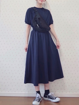 「DHOLIC（ディーホリック）のウエストマーク半袖スウェットワンピース（ワンピース）」を使った、MAYUKOさん（レディース・163cm）の春コーディネート