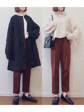 「select MOCA（セレクトモカ）の柔らかく履きやすいフェイクレザーゴールドビット付きローファー（ローファー）」を使った、MAYUKOさん（レディース・163cm）の冬コーディネート