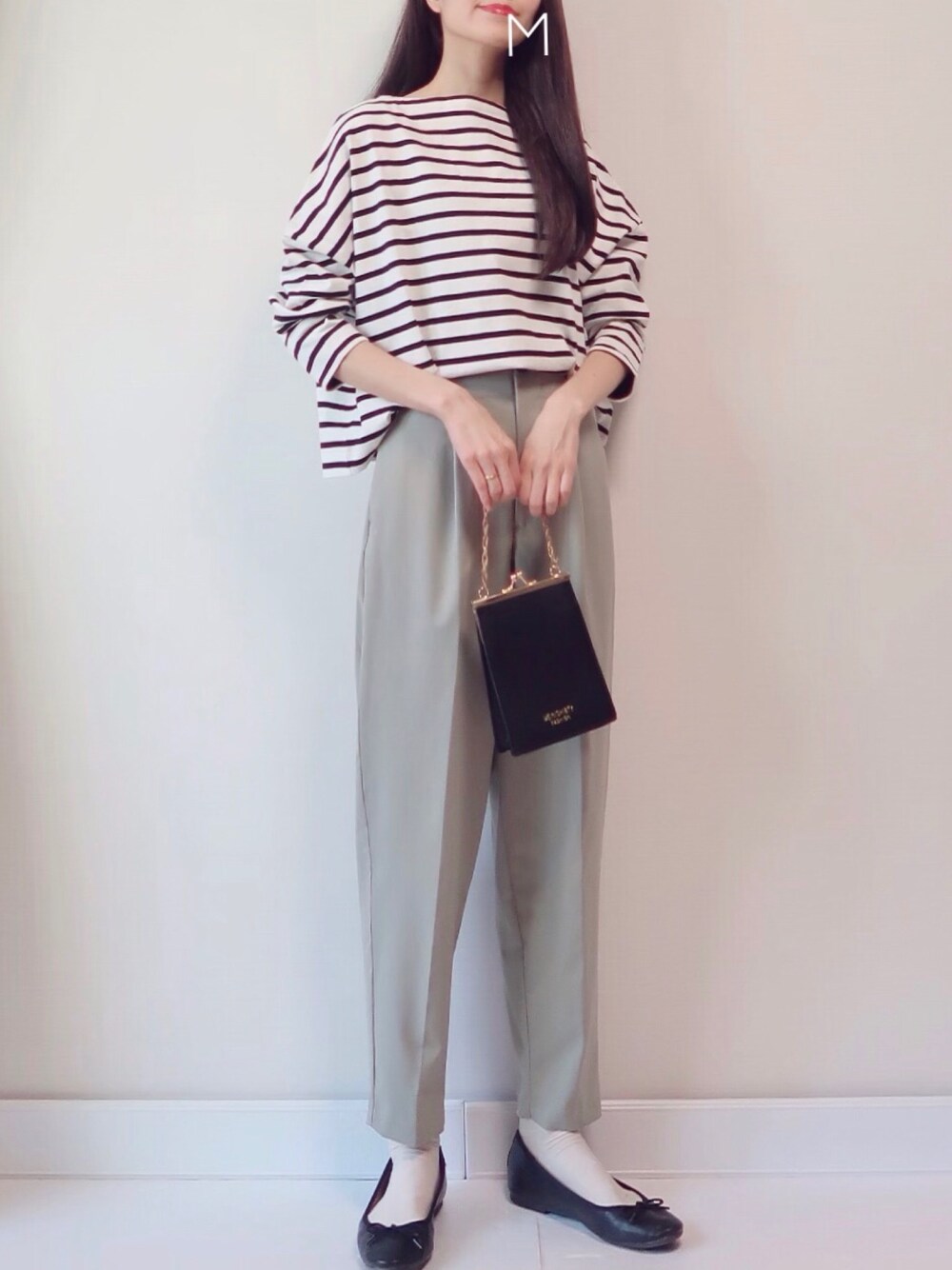「オトナカジュアル、シンプル、ボーダー」｜「KOBE LETTUCEの【WEARISTA akiicoさん×KOBE LETTUCEコラボ】ボーダー柄or無地ヘビーウェイトカットソーボートネックプルオーバー（Tシャツ/カットソー、ホワイト系）」を使った、MAYUKOさん（レディース・163cm）の春コーディネートの1枚目の写真