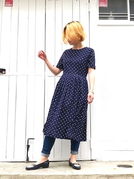 「Tokyo Lampoonのアイテム（ワンピース、ブルー系）」を使った、Youki_Mageshiさん（レディース・158cm）の春コーディネート
