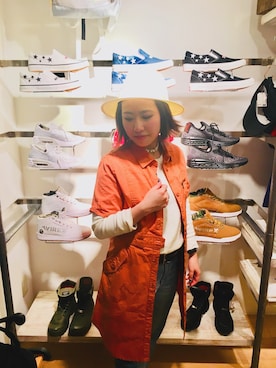 「アイテム（シャツワンピース、オレンジ系）」を使った、ayanaさん（レディース・158cm）の春コーディネート