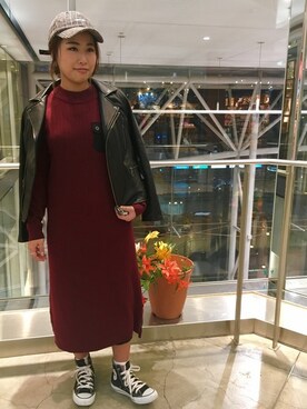 「レッド」｜「アイテム（ライダースジャケット）」を使った、ayanaさん（レディース・158cm）の秋コーディネート