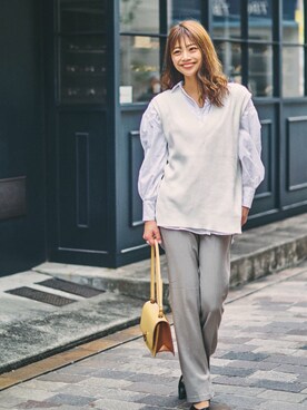 「Kastane（カスタネ）のレーヨンスラックスパンツ３（スラックス）」を使った、藤野結衣さん（レディース・167cm）の冬コーディネート