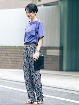 「BEAUTY&YOUTH UNITED ARROWS（ビューティーアンドユースユナイテッドアローズ）のBY ドライコットンアシンメトリーTシャツ（Tシャツ/カットソー、パープル系）」を使った、Memi Sugiuraさん（レディース・162cm）の夏コーディネート