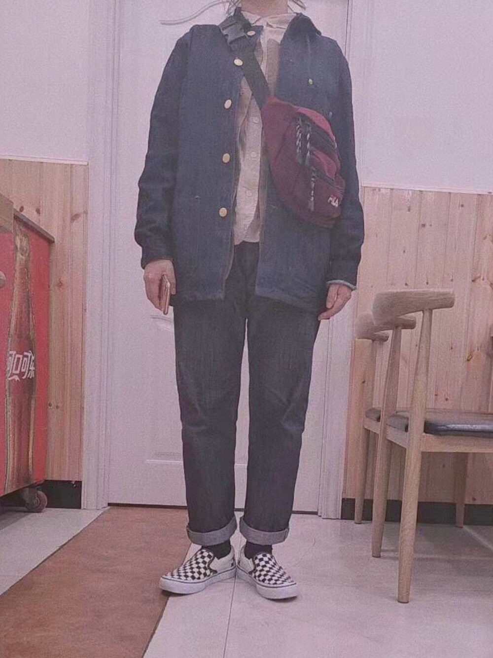 「VANSのVANS ヴァンズ SLIP-ON PRO VN0A347VAPK (CHECK)BLK/WHT（スリッポン、その他）」を使った、购物天才さん（レディース・155cm）の秋コーディネートの1枚目の写真