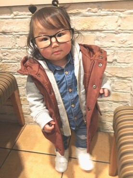 「パーカー×シャツ」｜「アイテム（ジャケット/アウター）」を使った、emamonさん（キッズ・70cm）の冬コーディネート