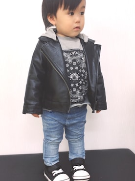 「西松屋」｜「アイテム（ライダースジャケット）」を使った、ちゃんかなさん（キッズ・80cm）の冬コーディネート